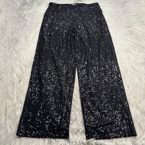 Anne Klein Women's L Black Full Sequin Wide Leg Pants Maximalist Holiday Date